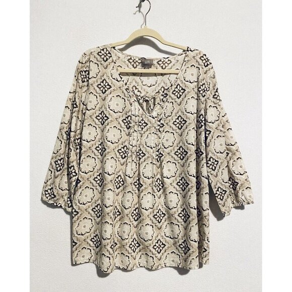 J Jill Peasant Top Womens Large Pleated Front Tie Neck 3/4 Sleeve Cotton Boho - Picture 1 of 8